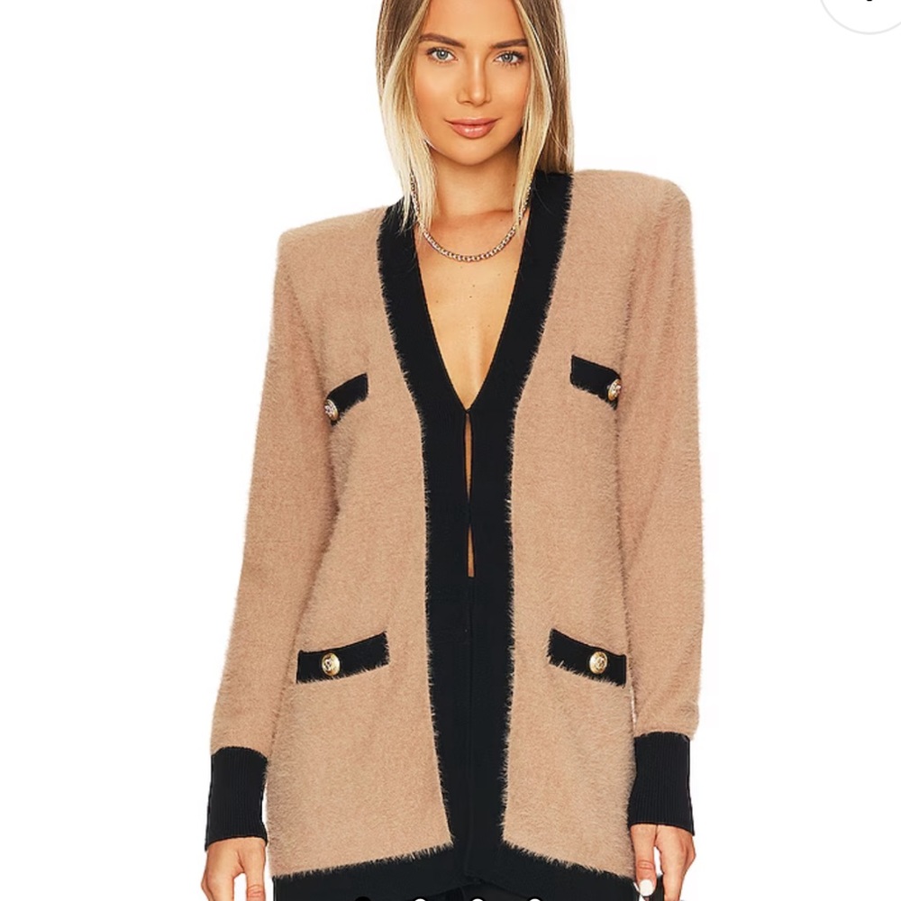 L'Agence Elin Fuzzy Camel and Black Pocket Open Cardigan NWT